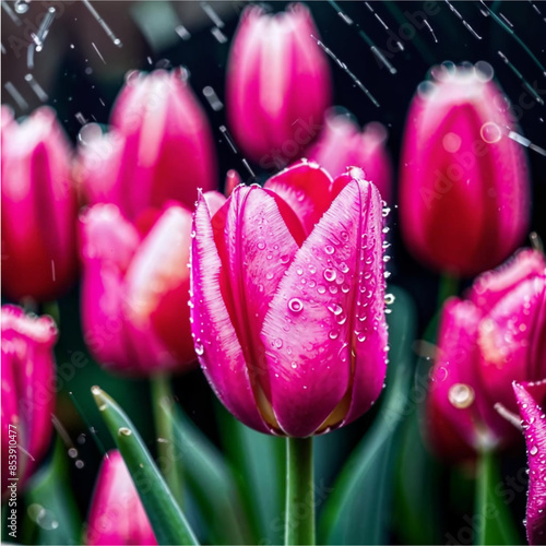 Beautiful Bright Tulips in Summer Rain, Serene Floral Scene