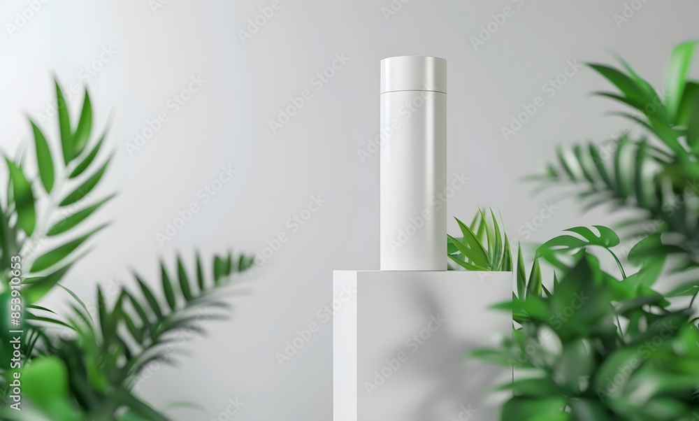 White mockup tube standing on top of an abstract podium with green leaves in the background, symbolizing natural beauty products White mockup tube standing on top of an abstract podium with green leaves in the background, symbolizing natural beauty products