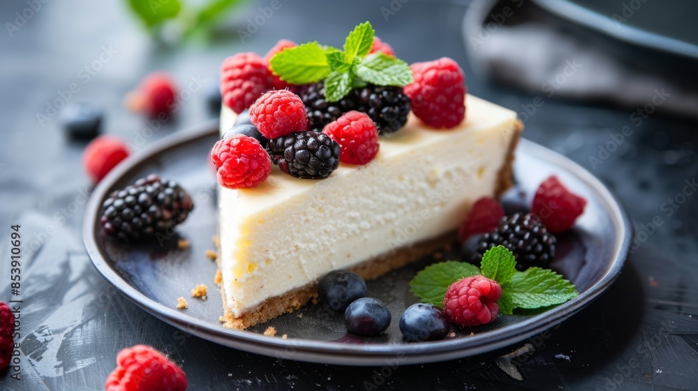 Close-up of a slice of decadent cheesecake topped with fresh berries and mint leaves on a dessert plate. Close-up of a slice of decadent cheesecake topped with fresh berries and mint leaves on a dessert plate.