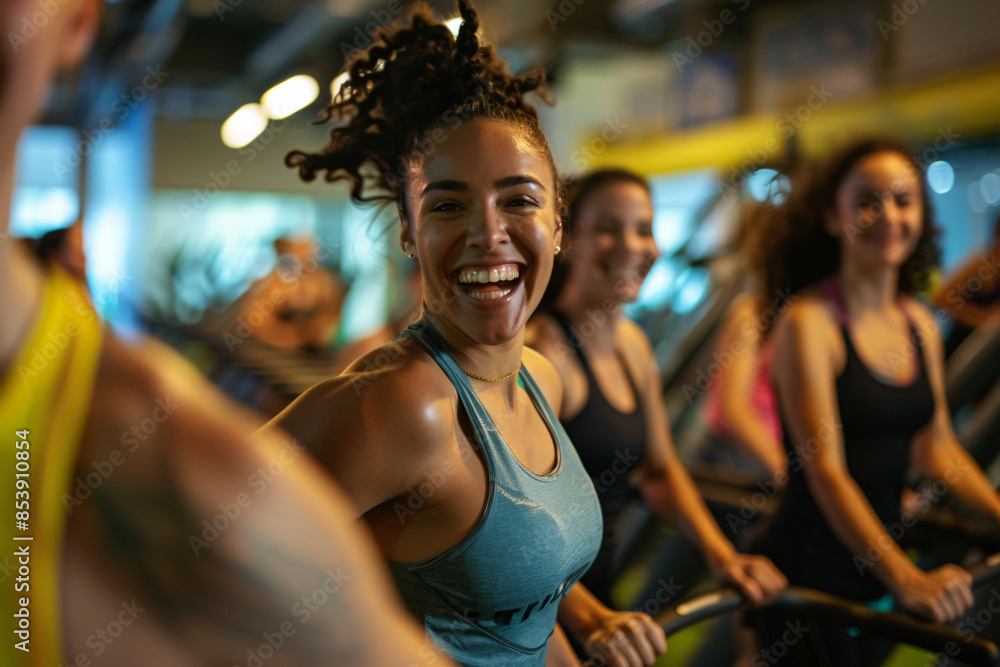 A group of people having fun and working out together in a gym. A group of people having fun and working out together in a gym.