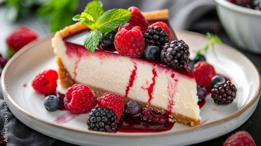 Close-up of a slice of decadent cheesecake topped with fresh berries and mint leaves on a dessert plate. Close-up of a slice of decadent cheesecake topped with fresh berries and mint leaves on a dessert plate.