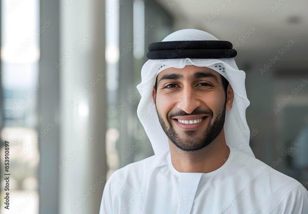 Smiling Emirati man in white kandura at modern luxury office Smiling Emirati man in white kandura at modern luxury office