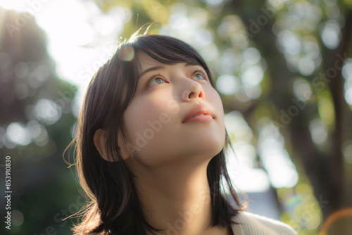 Thoughtful Young Woman Looking Up at the Sky in a Sunlit Park, Embracing Nature and Tranquility in a Serene Moment