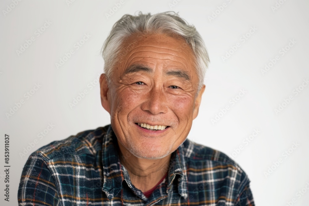 Portrait of a tender asian man in his 70s smiling at the camera in front of white background Portrait of a tender asian man in his 70s smiling at the camera in front of white background