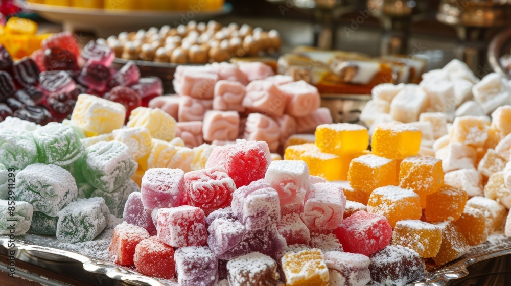 Colorful array of Turkish delight sweets with powdered sugar coating, displayed in a traditional Middle Eastern setting. Colorful array of Turkish delight sweets with powdered sugar coating, displayed in a traditional Middle Eastern setting.