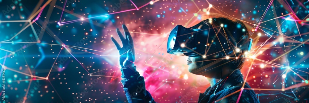 Virtual Reality, a vibrant abstract background with swirling neon lights and geometric nodes, representing VR networks Virtual Reality, a vibrant abstract background with swirling neon lights and geometric nodes, representing VR networks