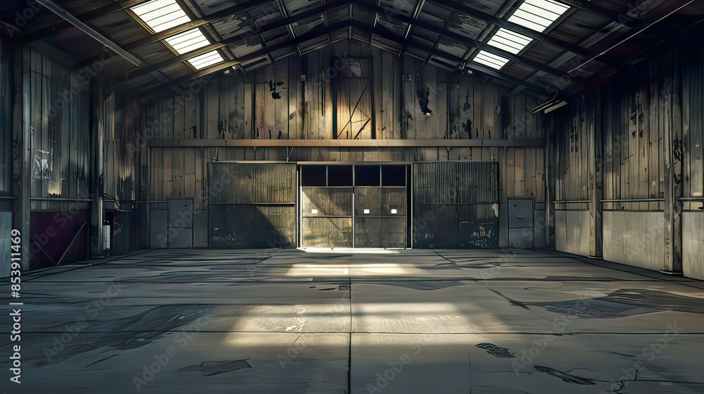 Lifelike 3D portrayal: Empty building hangar with open door text room provided accurate immersive interior. Lifelike 3D portrayal: Empty building hangar with open door text room provided accurate immersive interior.