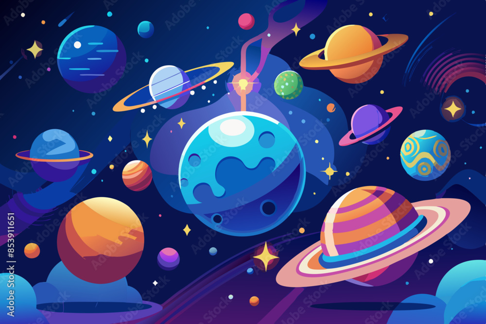 creative background with featuring space objects and planets in sci-fi style, dark blue background creative background with featuring space objects and planets in sci-fi style, dark blue background
