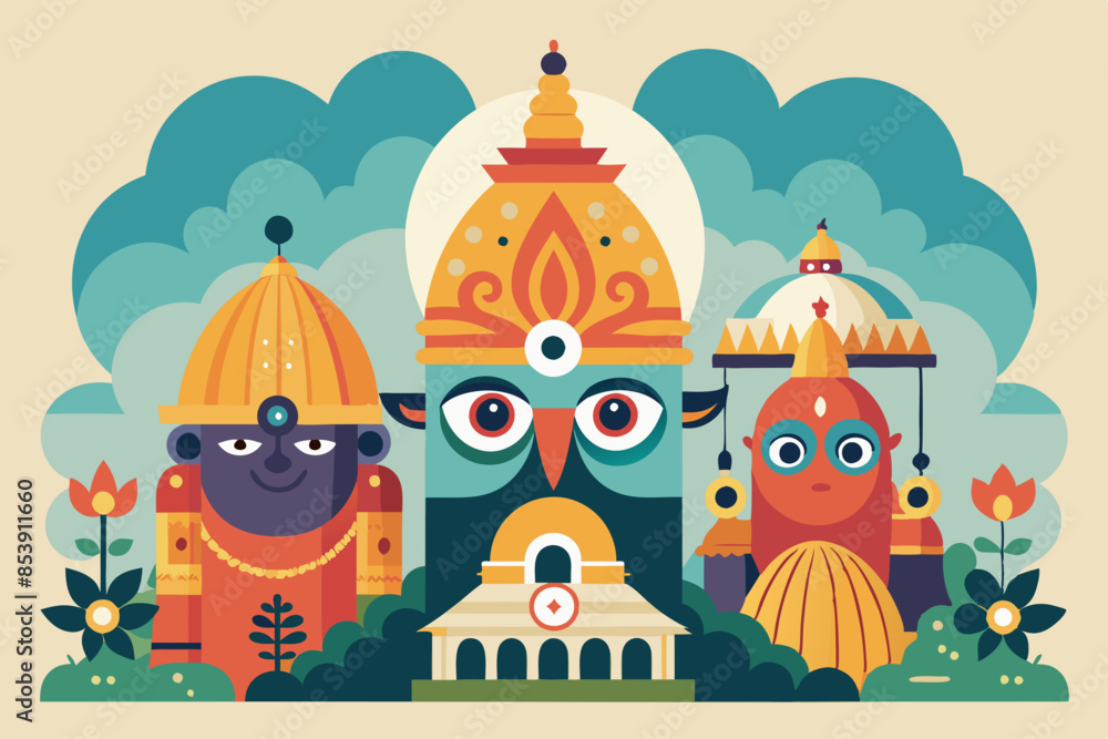 Ratha Yatra, Jagannatha, Baladeva, and Subhadra as mythical deities, chariots like golden temples, forest spirits and celestial beings around, magical forest, pastel tones, fairy tale style Ratha Yatra, Jagannatha, Baladeva, and Subhadra as mythical deities, chariots like golden temples, forest spirits and celestial beings around, magical forest, pastel tones, fairy tale style