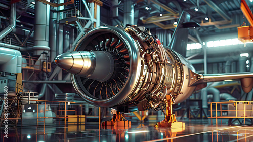 Lifelike image: Aircraft engine being serviced pr essional maintenance scene immersive atmosphere clear focus. photo