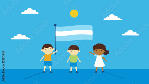 A boy holding  Argentine flag, bright and cheerful colors, festive atmosphere. Independence Day in Argentina