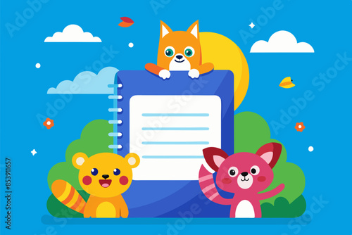 school notebook cover with bright and cheerful cartoon animals playing in a schoolyard, blue background with white clouds, comic style