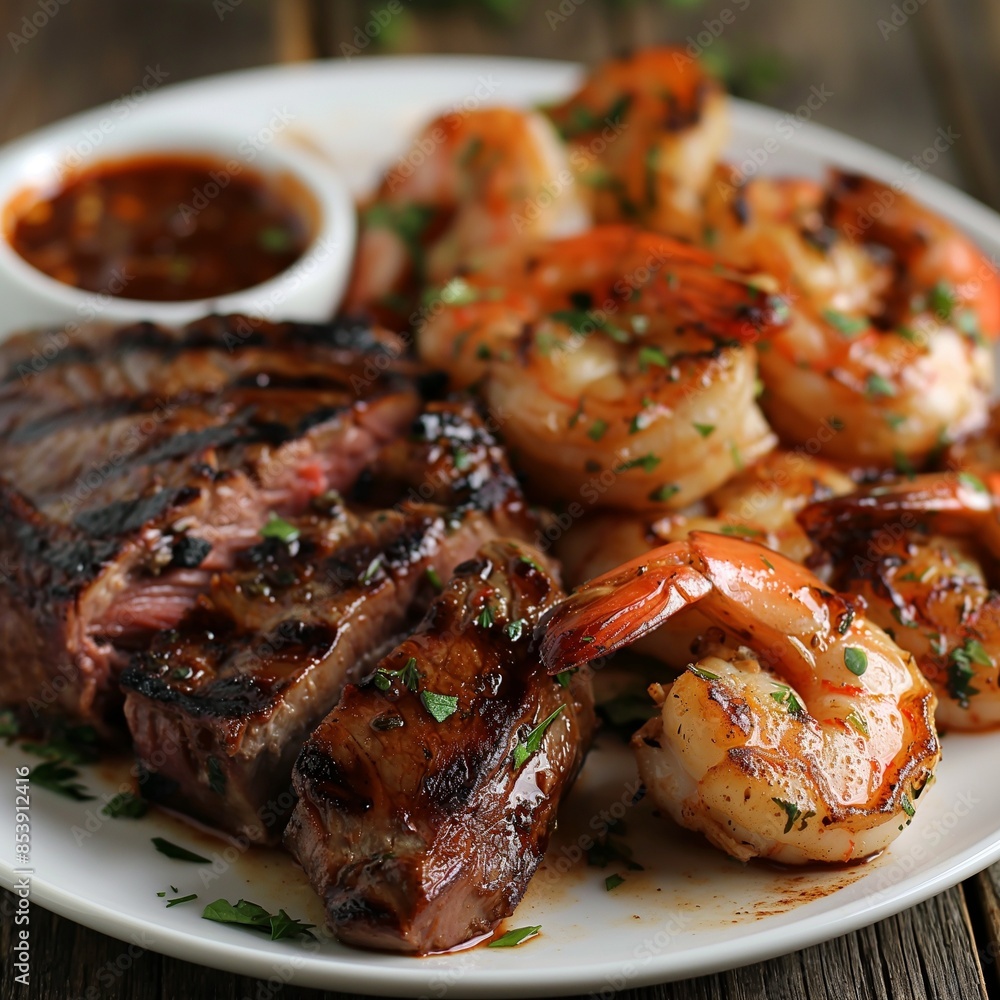 Grilled steak and succulent shrimp garnished with fresh herbs, served with a rich dipping sauce. A perfect blend of tender beef and flavorful seafood, ideal for gourmet dining or food photography Grilled steak and succulent shrimp garnished with fresh herbs, served with a rich dipping sauce. A perfect blend of tender beef and flavorful seafood, ideal for gourmet dining or food photography