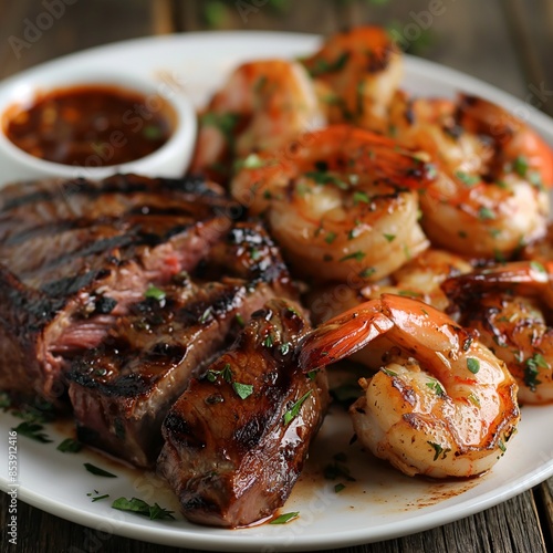 Grilled steak and succulent shrimp garnished with fresh herbs, served with a rich dipping sauce. A perfect blend of tender beef and flavorful seafood, ideal for gourmet dining or food photography