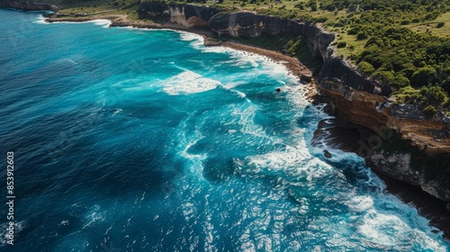 A mesmerizing aerial shot of the rugged coastline, where the mighty waves meet the sandy shore in a harmonious dance. Created with Generative AI. photo