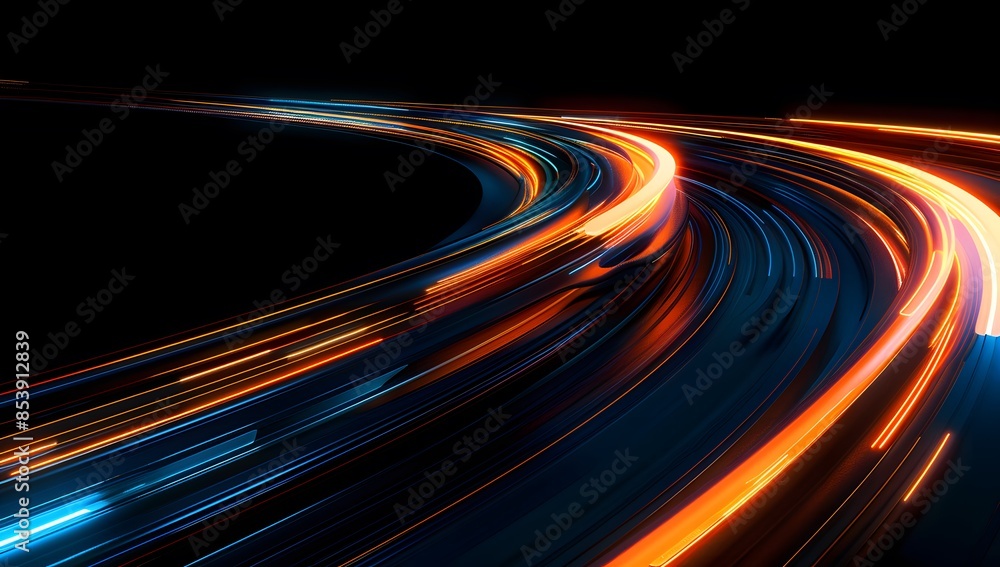 Abstract background with neon light lines, speed motion effect on black backdrop. Digital futuristic glowing light trail Abstract background with neon light lines, speed motion effect on black backdrop. Digital futuristic glowing light trail
