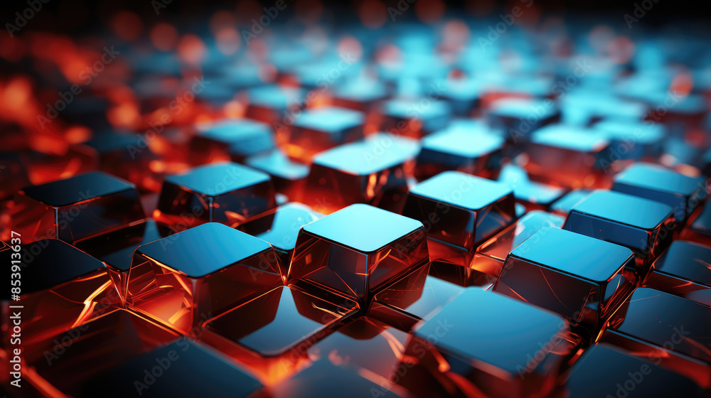 Fototapeta premium Abstract futuristic luxurious digital geometric technology hexagon background banner illustration 3d - Turquoise red hexagonal 3d shape texture wall, Generative AI
