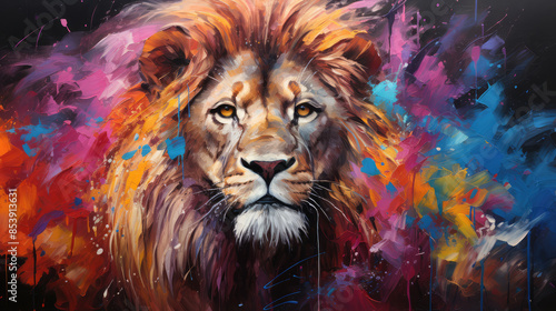 Animal portrait head art - Colorful abstract oil acrylic painting of colorful lion, pallet knife on canvas, Generative AI