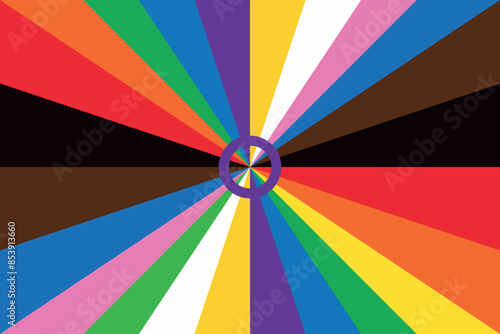 Intersex Progress Pride flag radial stripes. New LGBTQ Pride Flag. New  Updated Intersex Inclusive Progress Pride Flag. Banner Flag for LGBT, LGBTQ or LGBTQIA plus Pride. Vector illustration