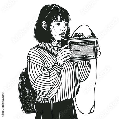 Young woman listening to music on headphones from a vintage radio, vector
