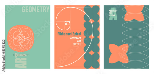 A set of minimalistic posters in vintage colors. Simple geometric shapes and lines (golden ratio spiral), with exemplary typography - modern print art design for branding, advertising, websites