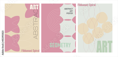 A set of minimalistic posters in vintage colors. Simple geometric shapes and lines (golden ratio spiral), with exemplary typography - modern print art design for branding, advertising, websites