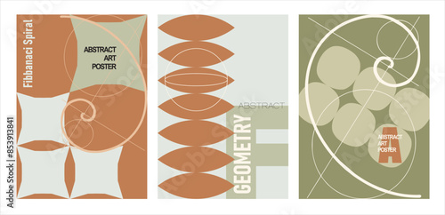 A set of minimalistic posters in vintage colors. Simple geometric shapes and lines (golden ratio spiral), with exemplary typography - modern print art design for branding, advertising, websites