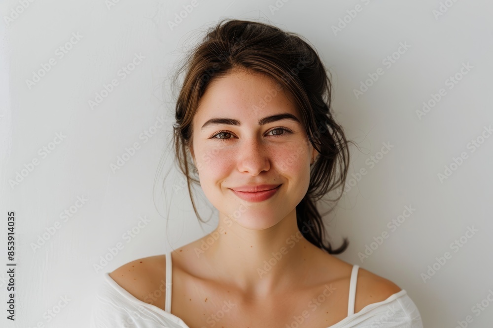 Portrait of a tender caucasian woman in her 20s smiling at the camera isolated in white background Portrait of a tender caucasian woman in her 20s smiling at the camera isolated in white background
