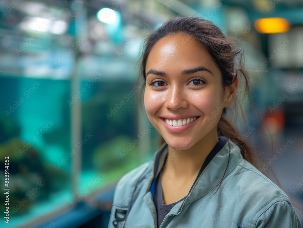 A Marine Biologist female wearing field gear, standing in front of an aquarium tank, smiling and looking into the camera A Marine Biologist female wearing field gear, standing in front of an aquarium tank, smiling and looking into the camera