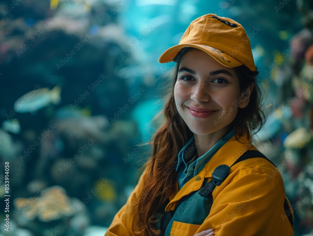 A Marine Biologist female wearing field gear, standing in front of an aquarium tank, smiling and looking into the camera A Marine Biologist female wearing field gear, standing in front of an aquarium tank, smiling and looking into the camera