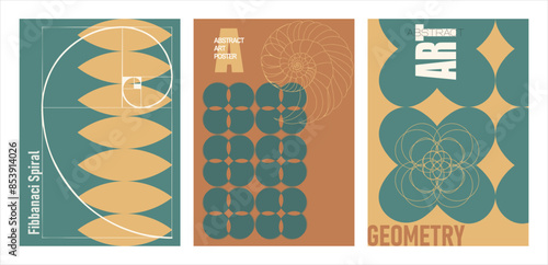 A set of minimalistic posters in vintage colors. Simple geometric shapes and lines (golden ratio spiral), with exemplary typography - modern print art design for branding, advertising, websites