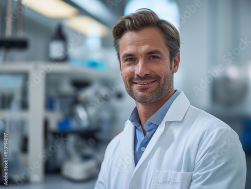 A Medical Researcher male wearing a lab coat, standing in front of a laboratory bench, smiling and looking into the camera