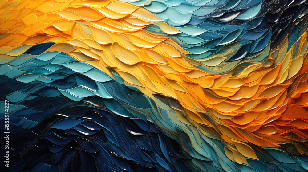 Obraz premium Abstract blue orange mosaic tile wall texture background with waving waves shapes, Generative AI