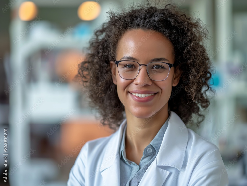 Fototapeta premium A Scientist female wearing a lab coat, standing in front of a laboratory bench, smiling and looking into the camera