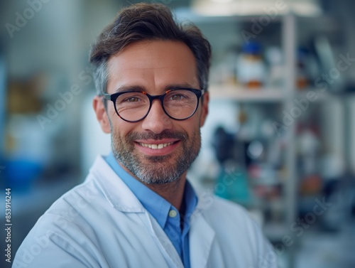 A Scientist male wearing a lab coat, standing in front of a laboratory bench, smiling and looking into the camera