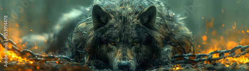 Fenrir in Chains The mighty wolf Fenrir bound in magical chains