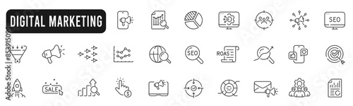 Set of digital marketing line icons. Management, seo, target, ad, analytics etc.