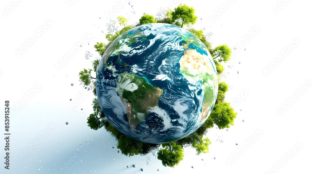 3D rendering of green planet Earth with leaves and city isolated on a white background, top view banner design for World Environment Day concept 3D rendering of green planet Earth with leaves and city isolated on a white background, top view banner design for World Environment Day concept