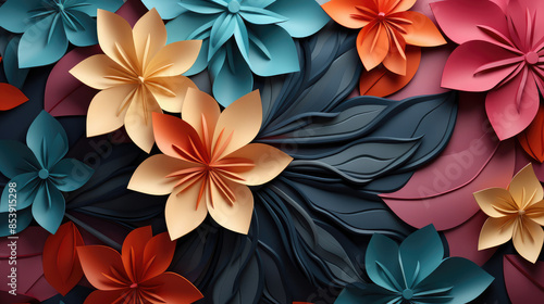 Abstract colorful paper cut overlapping paper texture background banner panorama illustration - Many floral leaves with gradient, top view, Generative AI