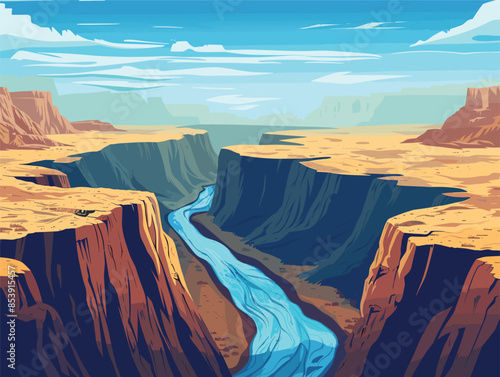River flowing through a canyon, very simple and isolate in the style of animated illustrations