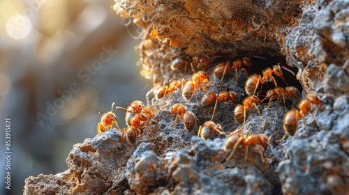 Ant Colony at Work: Depict an ant colony working on building their nest, emphasizing the teamwork and activity. Leave space for text in the surrounding area. photo