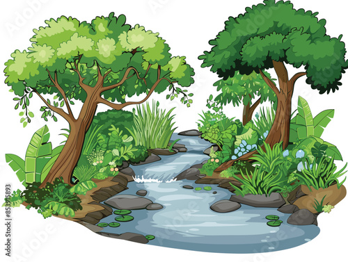 white background, A forest landscape with a babbling brook winding through the trees., very simple and isolate in the style of animated illustrations, white background