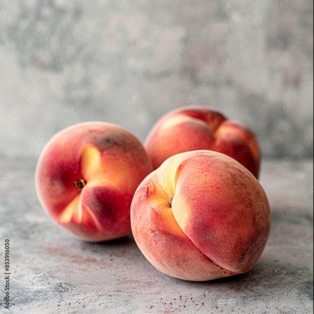 Vibrant square close-up image of three fresh peaches resting on a rustic textured surface generating a sense of freshness and natural beauty. Generated AI Vibrant square close-up image of three fresh peaches resting on a rustic textured surface generating a sense of freshness and natural beauty. Generated AI