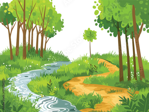 white background, A forest landscape with a babbling brook winding through the trees., very simple and isolate in the style of animated illustrations, white background
