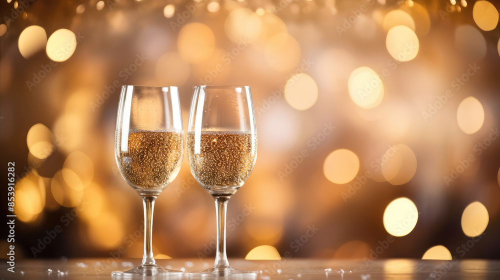 2024 Happy New Year, New Year's Eve, Christmas, celebration party event holiday greeting Card - Closeup of sparkling wine or champagne glasses on table with bokeh lights, Generative AI 2024 Happy New Year, New Year's Eve, Christmas, celebration party event holiday greeting Card - Closeup of sparkling wine or champagne glasses on table with bokeh lights, Generative AI