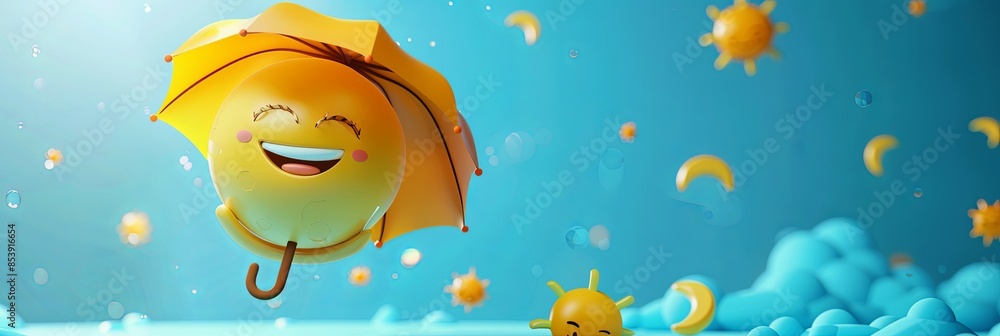 A 3D rendered image of a happy sun emoji holding an umbrella. The sun emoji is smiling with closed eyes, and the background is a bright blue sky with clouds. Generative AI A 3D rendered image of a happy sun emoji holding an umbrella. The sun emoji is smiling with closed eyes, and the background is a bright blue sky with clouds. Generative AI