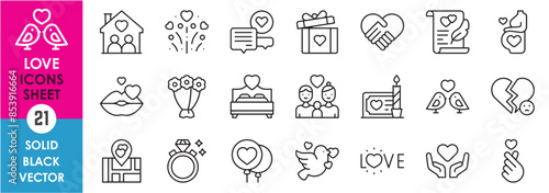 A set of line icons related to love, care and dating. Date, love, pregnant, breakup, best friends, family, gift, love letter, chatting and so on. Vector outline icons set.