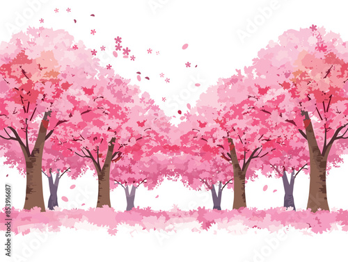 white background, A forest landscape with a grove of cherry blossom trees in bloom., very simple and isolate in the style of animated illustrations, white background