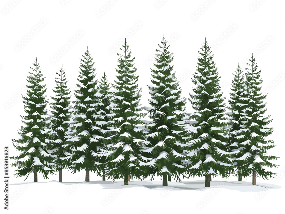 Obraz premium white background, A group of pine trees with snow resting on their needles., very simple and isolate in the style of animated illustrations, white background