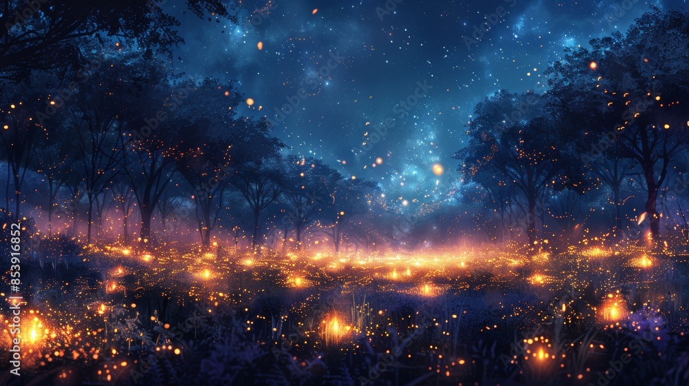 Naklejka premium Firefly Night Scene: Illustrate a night scene with fireflies lighting up the dark forest, creating a magical atmosphere. Ensure there is space for text in the dark areas.